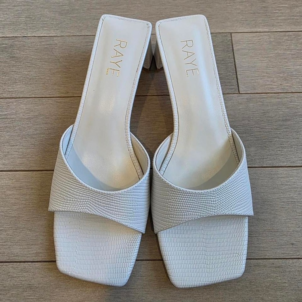RAYE White Lizard Embossed Leather Block Heel Mules Square Toe Sandals Womens 7